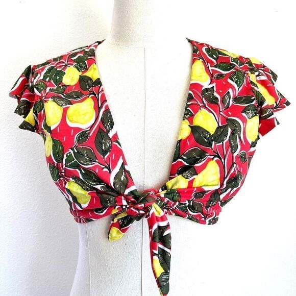 Beach Betty by Miracle Brands Slimming Tie Front Bikini Top Fruit Print Coral Ye - Picture 1 of 10